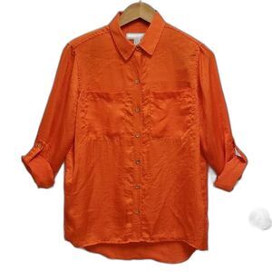 Michael Kors Top Women Sz S Orange Button Roll Tab Sleeve Textured Casual Blouse